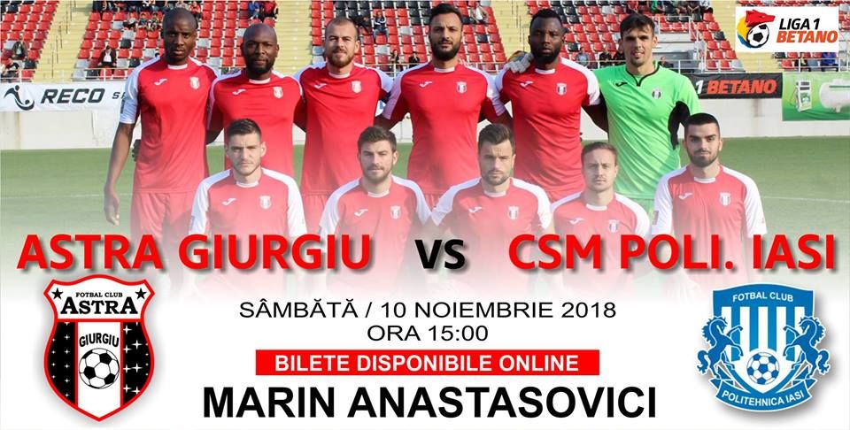 Echipa Astra Giurgiu va întâlni CSM Politehnica Iași pe teren propriu