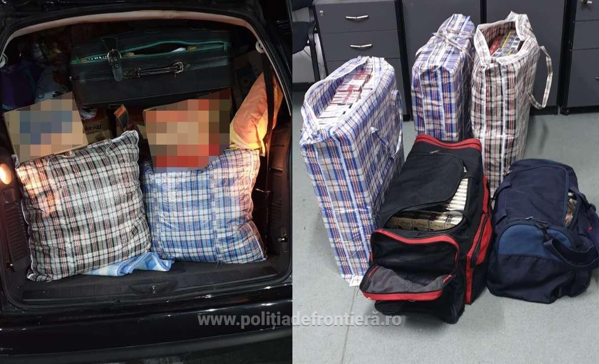 Ţigări de contrabandă ascunse printre bagaje, în interiorul unui microbuz