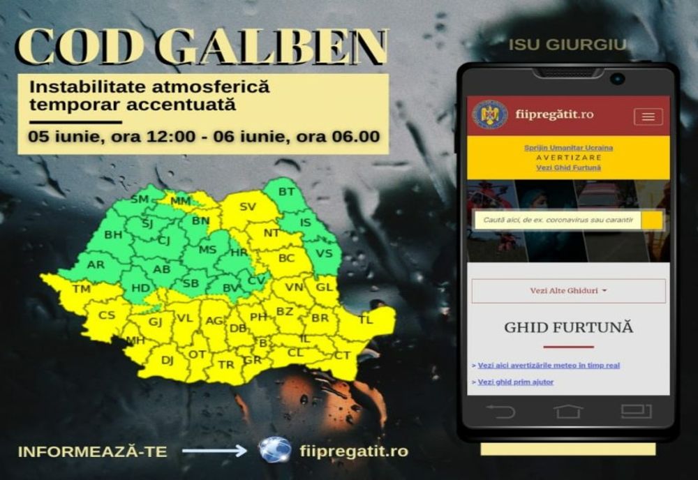 Cod galben de instabilitate atmosferică temporar accentuată, până mâine dimineață 