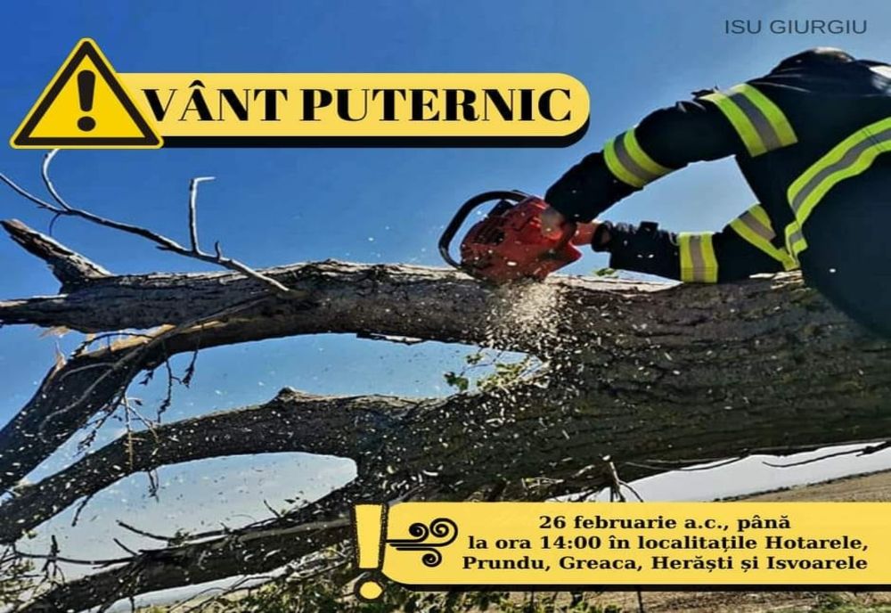 Atenţionare de vânt puternic pe raza judeţului Giurgiu