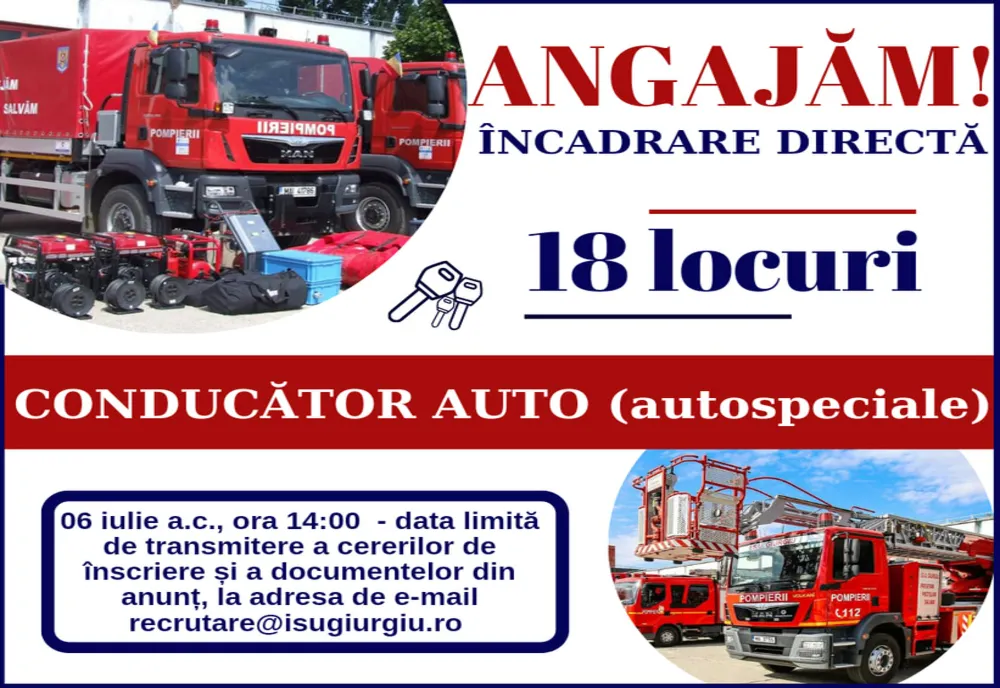 ISU Giurgiu scoate la concurs 18 posturi de conducător auto autospeciale, prin încadrare directă