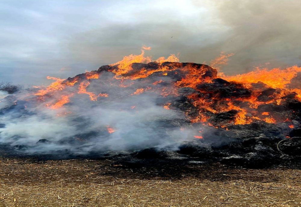 Giurgiu. Incendiu într-o hală de furaje. 60 tone de baloţi de fân mistuiţi de flăcări, la Podul Doamnei